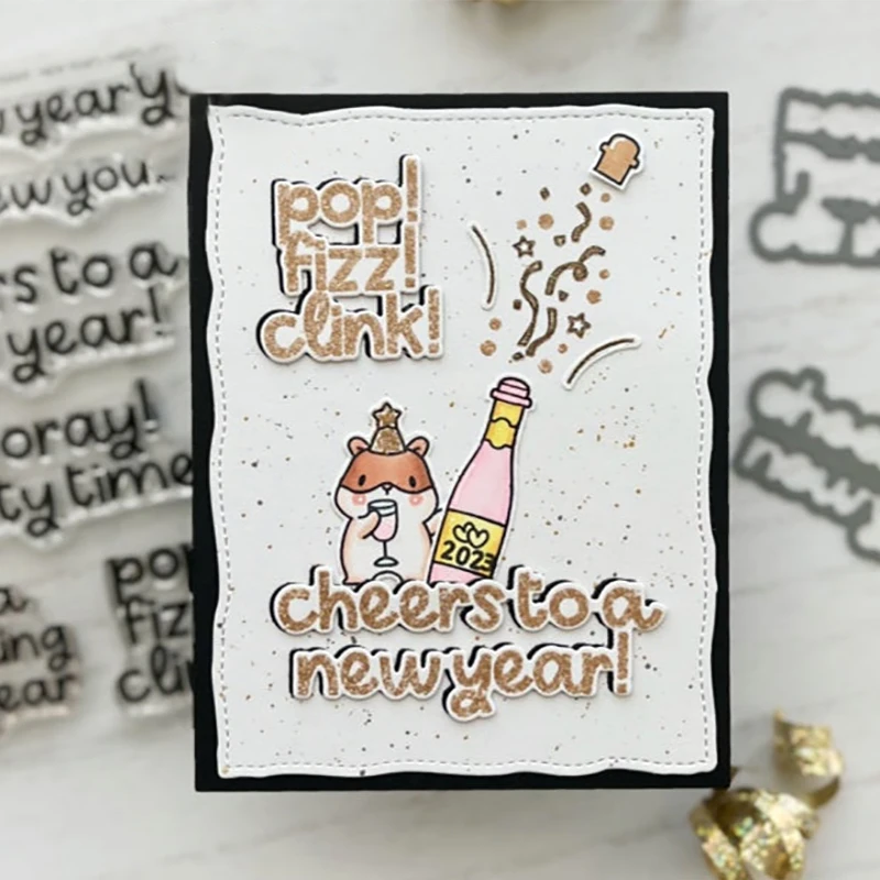 Happy New Year Cheers Blessed Clear Silicone Stamps Chinese Gift Box Ornament Metal Cutting Dies DIY Holiday Paper Card Making 5