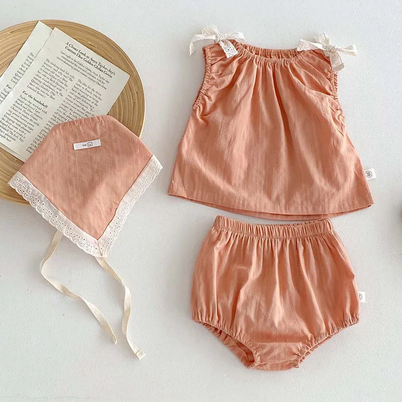 2025 New Summer Korean Style 0-3Yrs Children Clothes Suit Sleeveless Cotton Vest+PP Shorts+Hat Newborn Baby Girls Clothing Set 1
