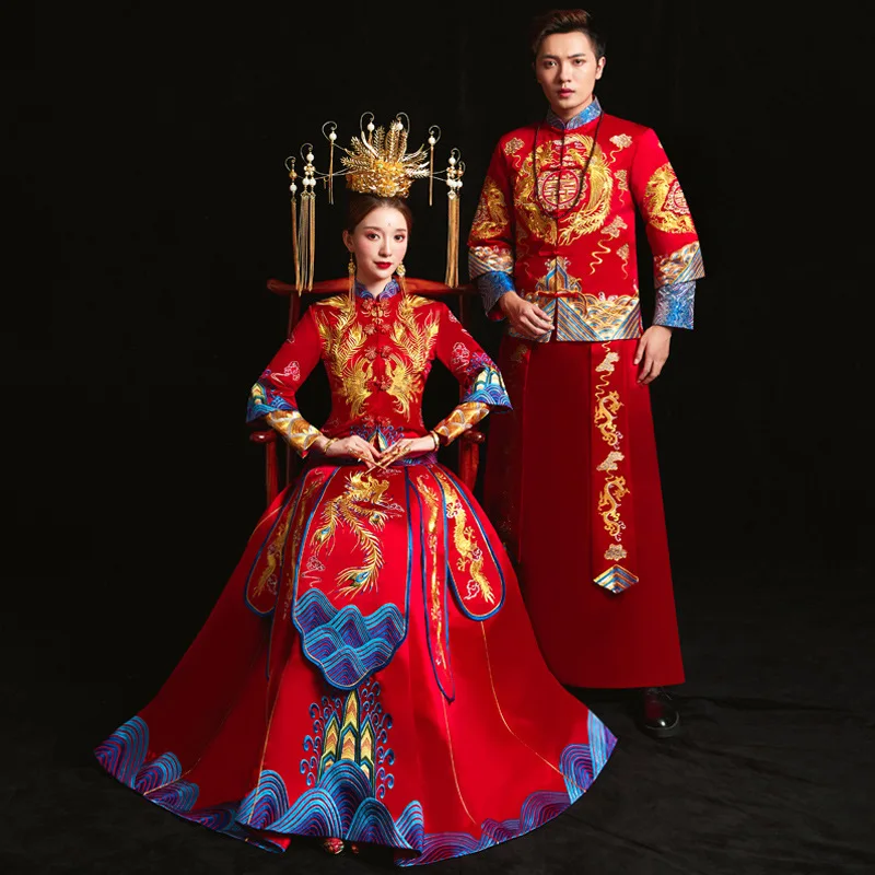 Oriental Vintage Wedding Dress Couple Embroidery Phoenix Cheongsam Refined Banquet Stylish Elegant Bride китайская одежда 301 фраза китайская грамматика в диалогах т 2