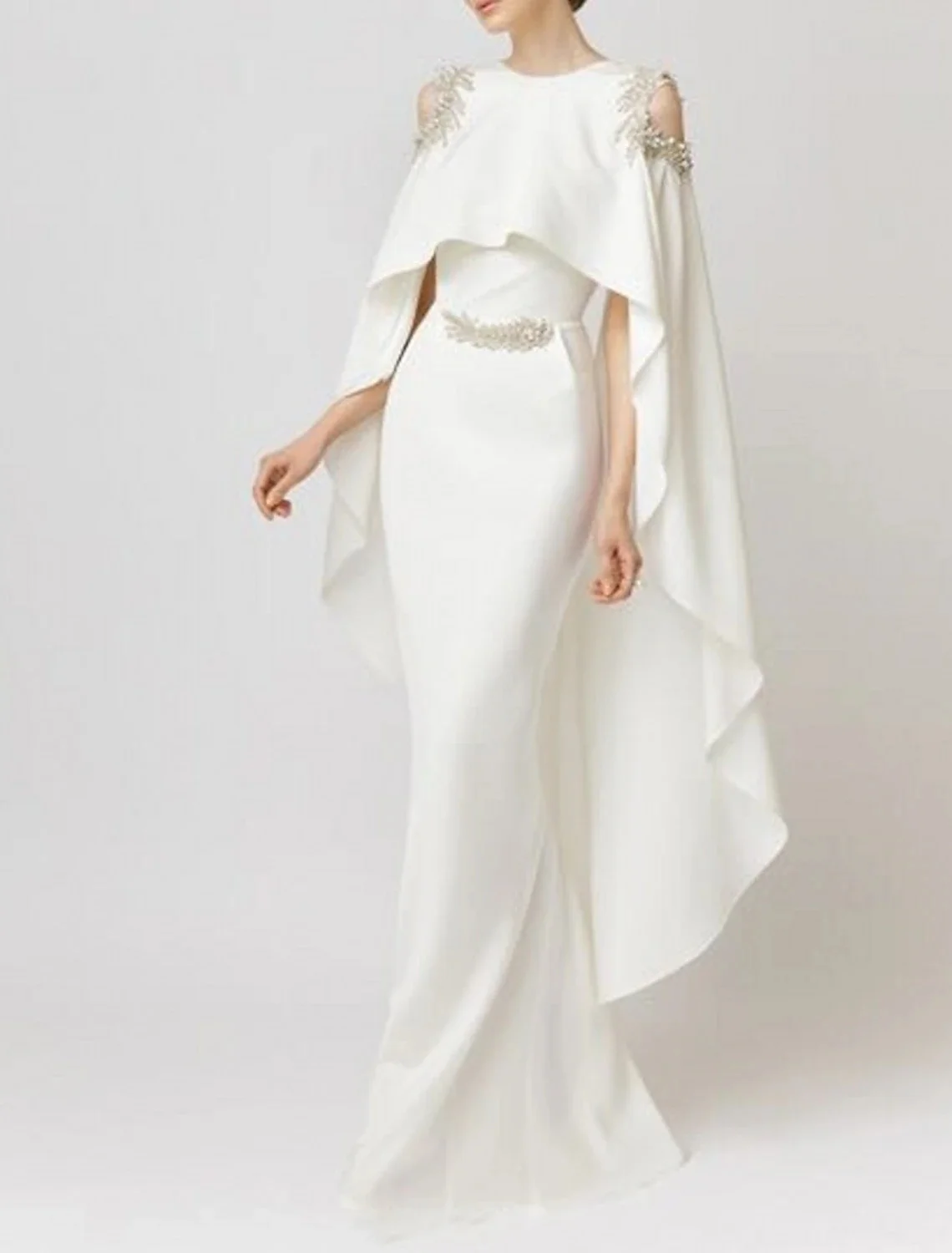 

Elegant Mermaid/Trumpet Mother of the Bride Dress Wedding Guest Prom Formal Occasion O-Neck Capes Chiffon with Appliques