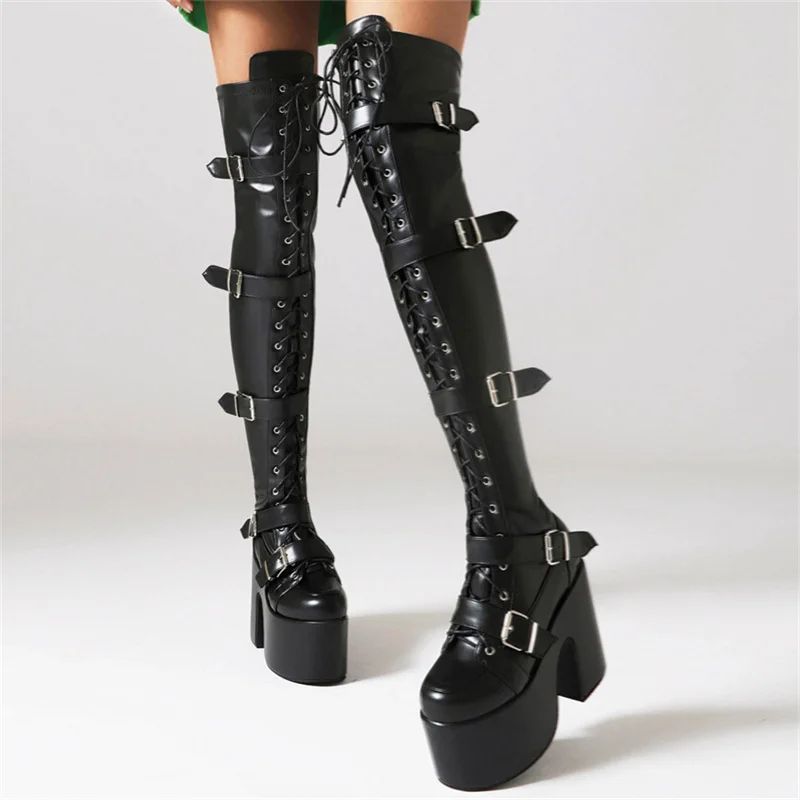 

Platform Women Boots 2023 New Thigh High Boots Fashion Buckle Punk Chunky High Heels Party Cosplay Goth Woman Shoes Dropshopping