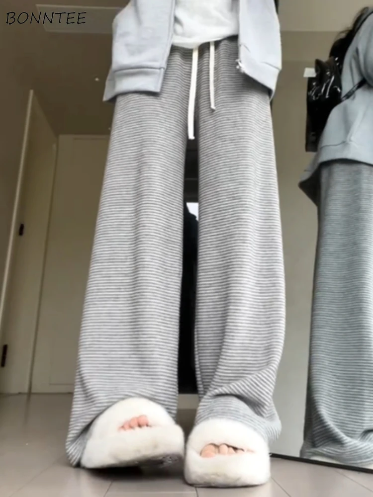 

Wide Leg Pants Women Spring Fall High Waist Striped Streetwear Female Casual Baggy Trousers Windbreak All-match Soft Drawstring