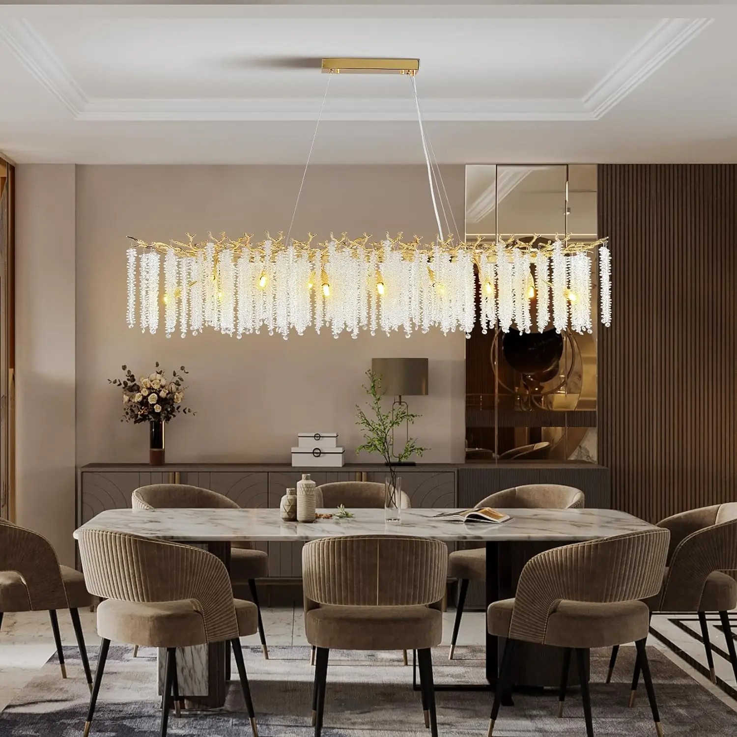 Europe Style Long Ceiling Chandelier Crystal Simple Branch Dining Room Lighting Aluminum Luxury Tassel Glass Round Chandeliers ceiling chandelier