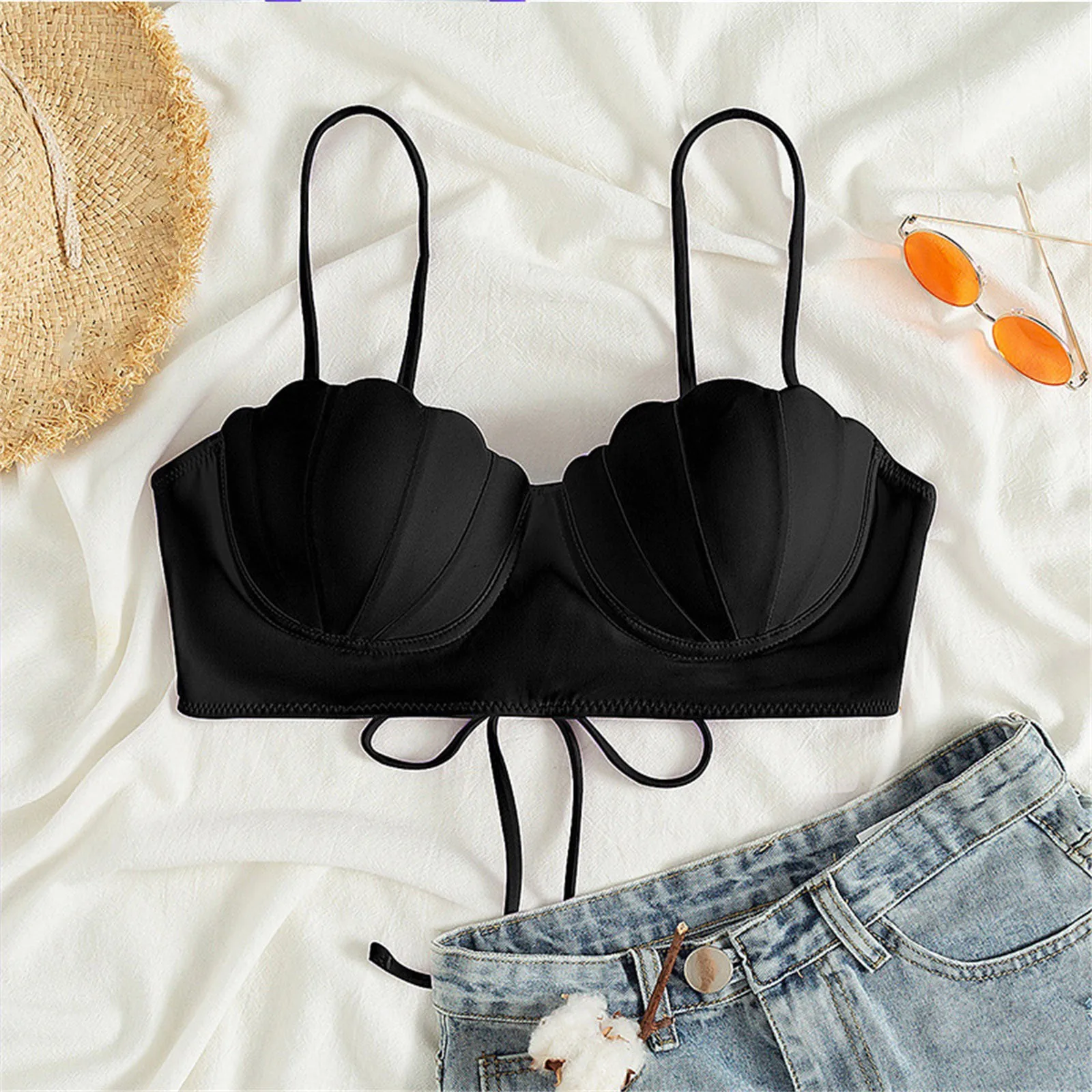 

Women Fashion Shell Bra Sexy Tie Bikini Tops Bikini Swimwear Tops Tankini Halter Summer Solid Colour Beach Casual Swimwear Tops