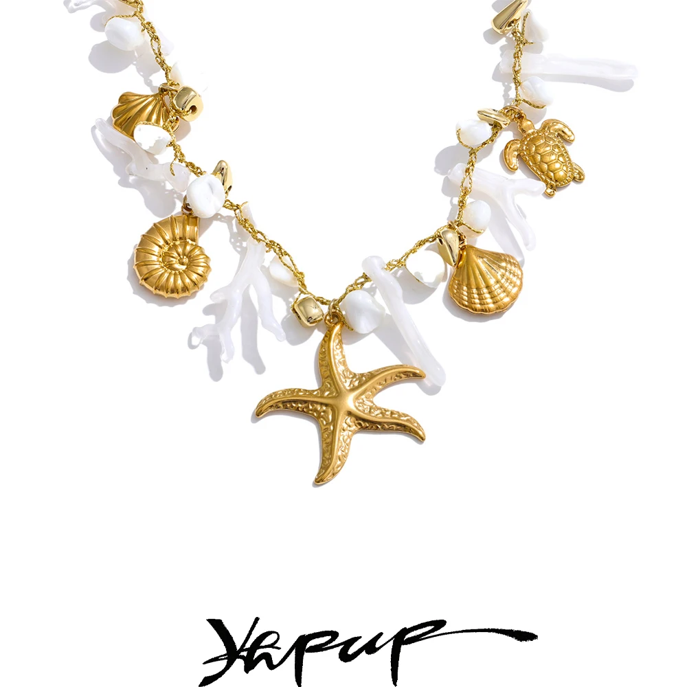 Yhpup Shell Resin Necklace for Women 18K Gold Color Plated