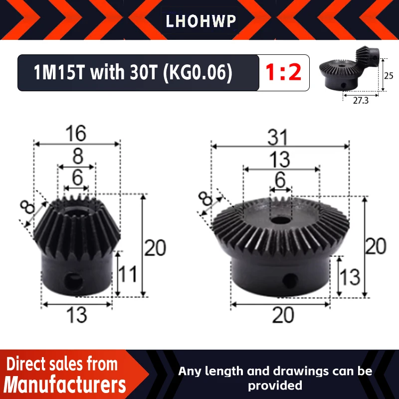 Engrenagens de Aço Chanfrado Parafuso Módulo 15 Dentes e 30 Dentes Furo Interno mm Movimentação de 90 Graus Pendulares m5 Pcs 1:2