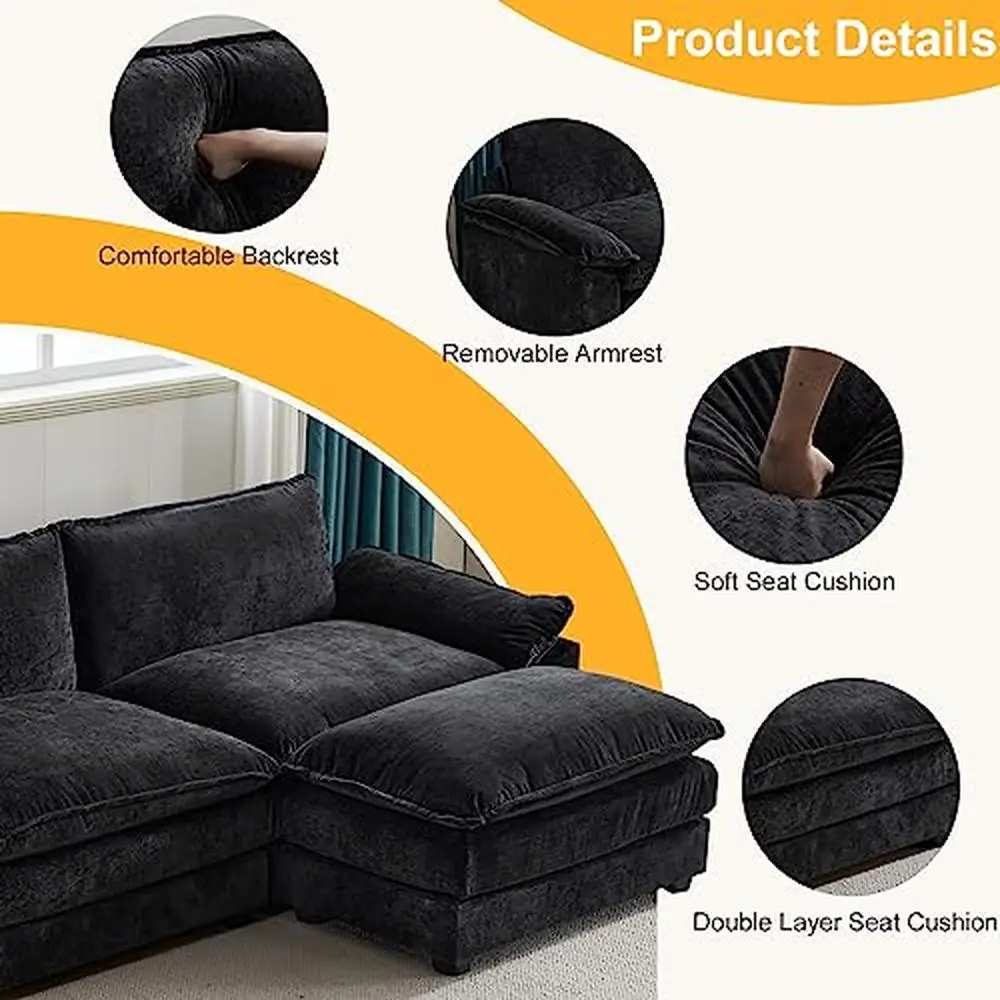 Description Picture 6 of item120" L-Shaped Convertible Sectional Sofa Set with Ottoman Modern Chenille 3-Seat Couch Living Room Oversized Plush Comfort
