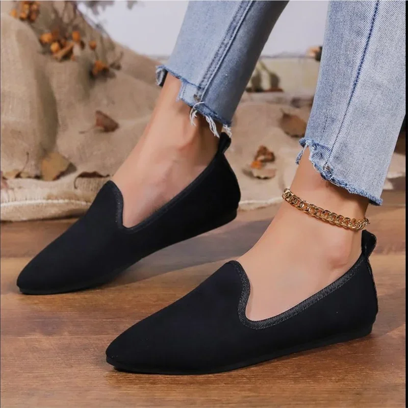 Pointed fabric surface, shallow mouth, flat bottom, flat heel, comfortable women's single shoes, all season women's shoes