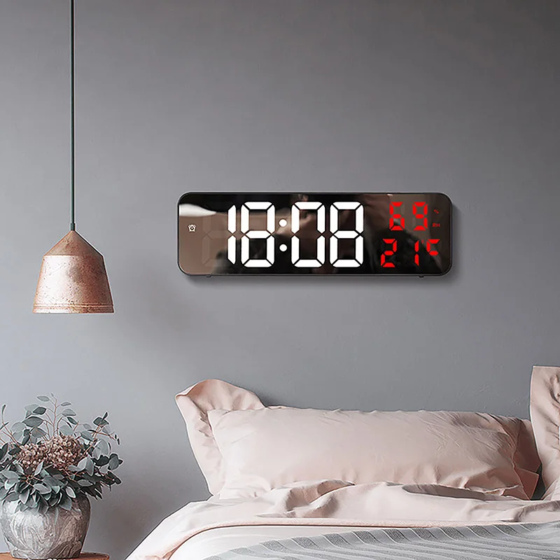 

LED Digital Display Alarm Clock Wall Clock Display Time Date Temperature And Humidity LED Lights Will Automatically Dim At Night