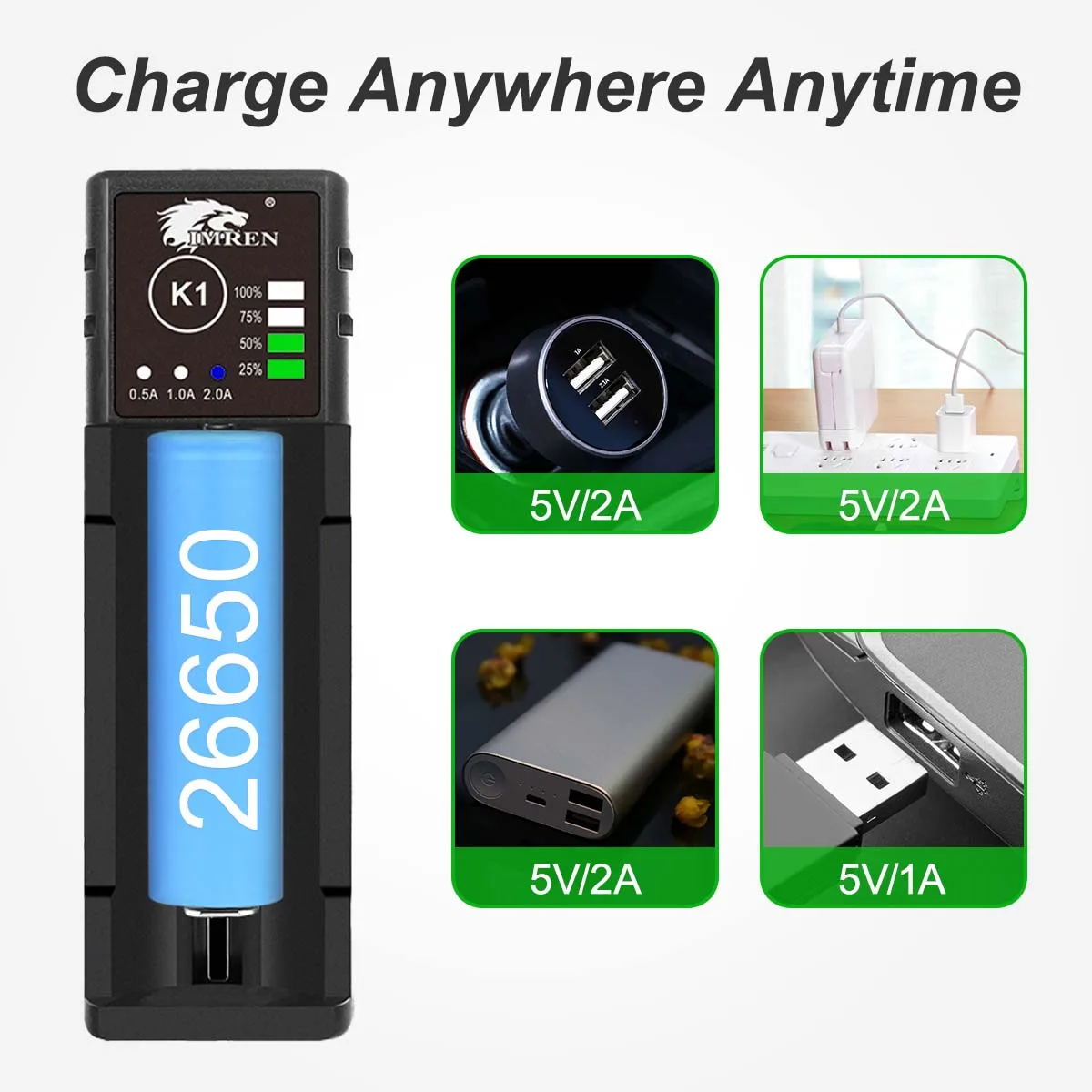 IMREN K1 Rechargeable Batteries 5V2A USB Charger 14500 16650 17650 18650 26650 21700 18350 A AA AAA Lithium NiMH Ni-Cd Battery Battery Charger Fast Charger