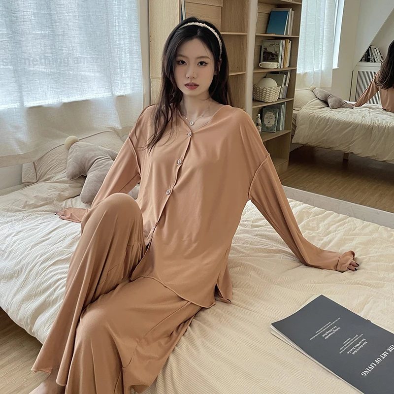 M-XXL Simple Casual Loose Women's Pajamas Ice Silk Cotton Spring Summer Long Sleeve Set Cardigan Front Button Pajamas Set