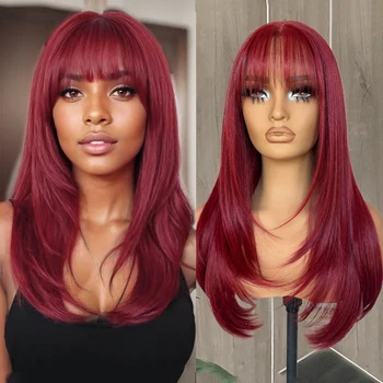 UStyleHair Layered Cut Red Wig with Bangs Synthetic Lace Front Wig for Women Natural Hairline Daily Use Heat Resistant Fiber