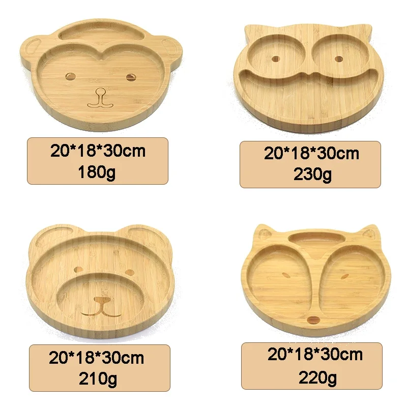 WOLIFE Baby Cartoon Animal Pattern Bamboo Tableware with Silicone Base Suction Cup Kids Feeding Tableware Bamboo Plate Non-slip