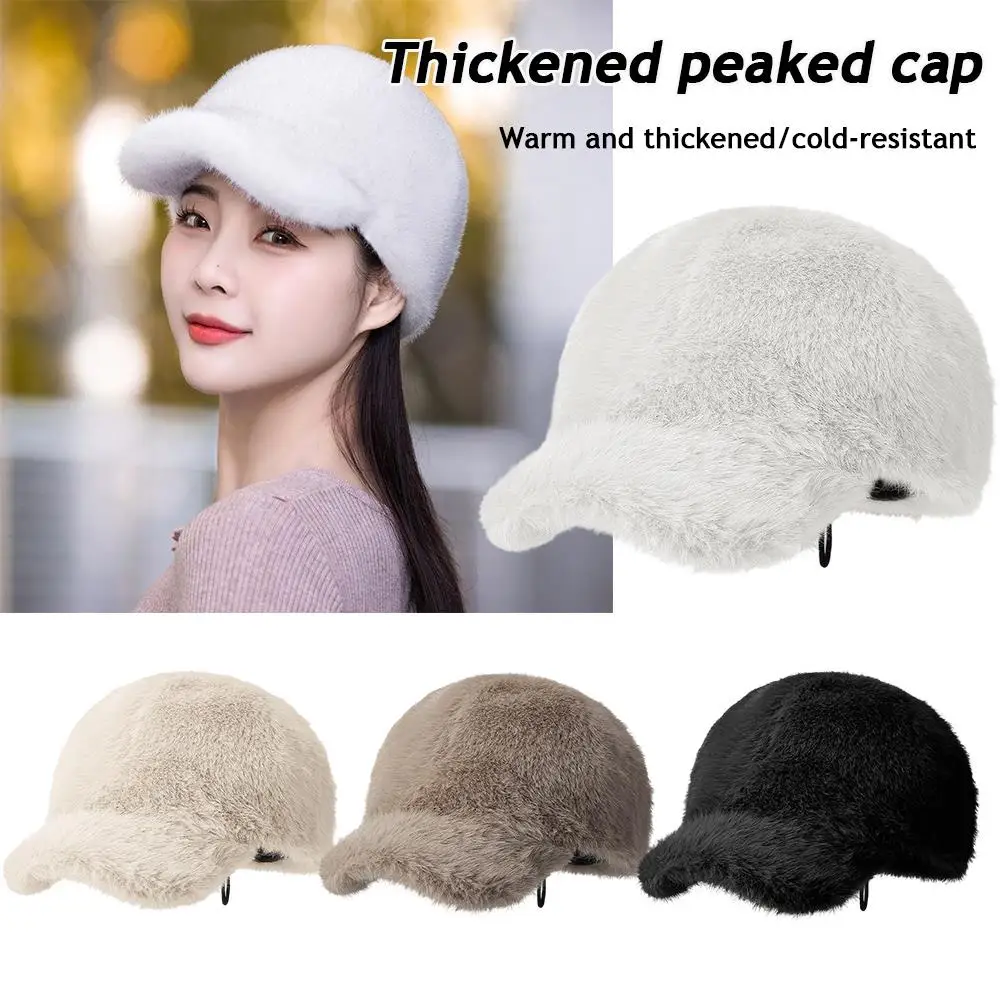 Faux Fur Baseball Cap Solid Color Warm Plush Thick Adjustable  Outdoor Warm Winter Cap Soft Fluffy Hip-Hop Hat Visor Peaked Hat
