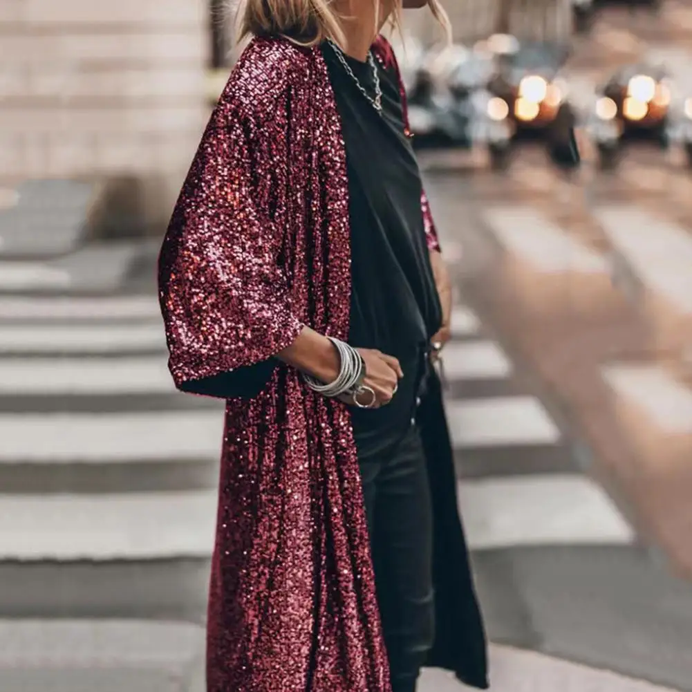 

Trendy Women Coat Soft Cardigan Coat No Buttons Women Shiny Sequins Mid-length Cape Jacket Dressing Up