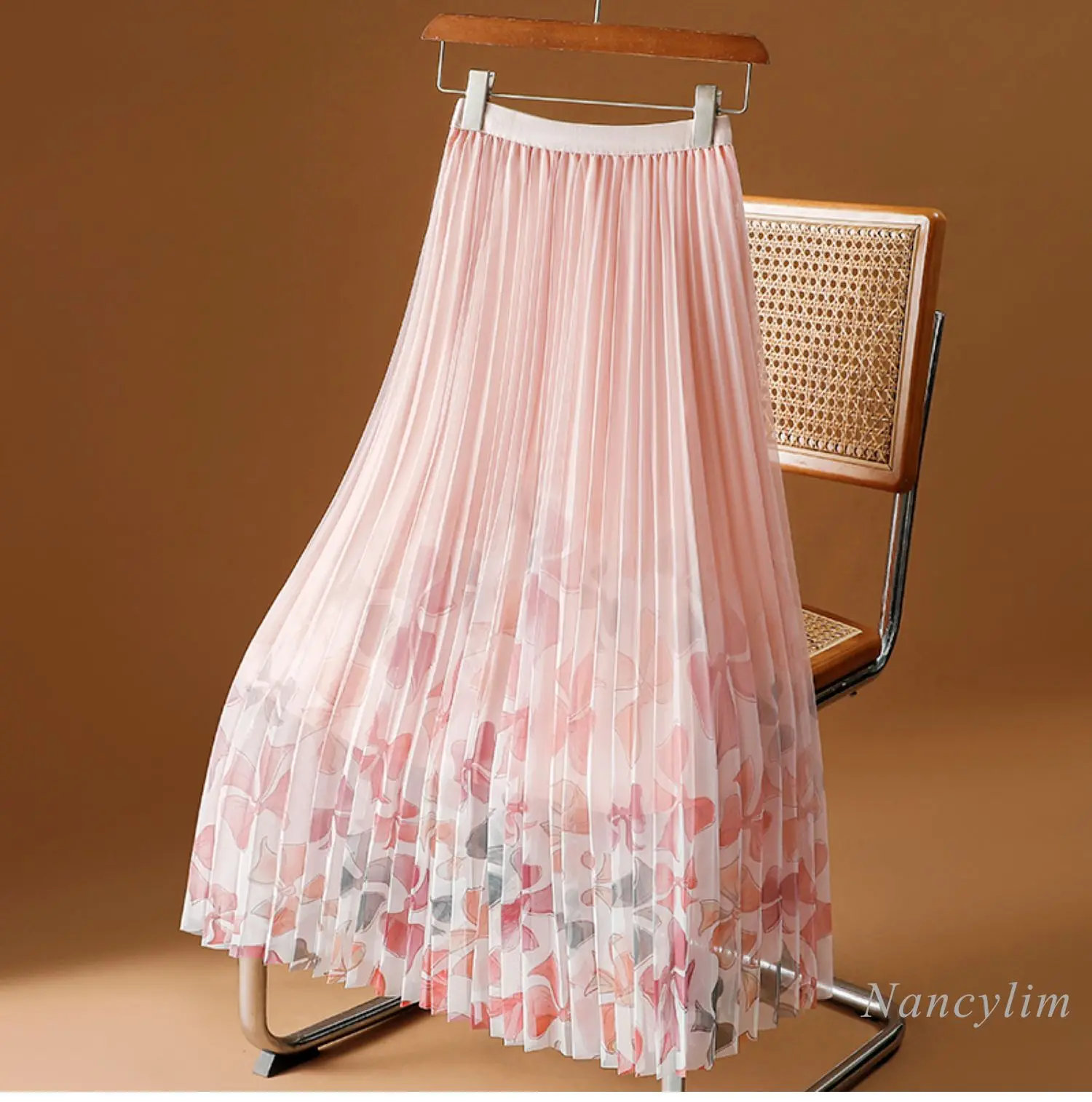 High Quality Printed Mesh Skirt Women's Summer 2024 New Floral Gauze Skirt Mid-Length Drape A- Line Pleated Skirts Street Daily