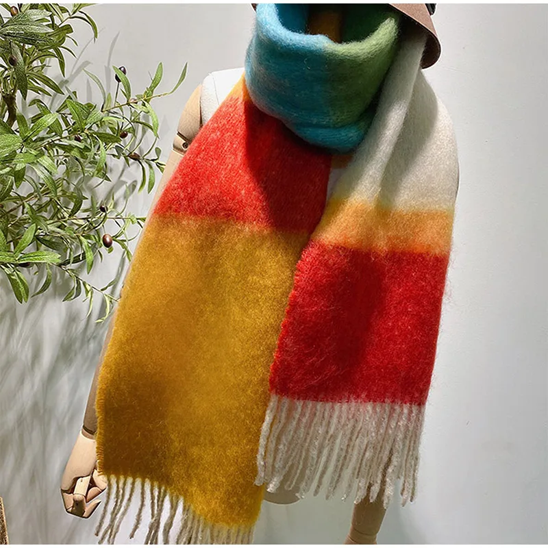 

Rainbow Stripe Long Scarf Big Tassel Imitation Cashmere Thickened Warm Neck Autumn And Winter Adult Windproof Unisex 2024