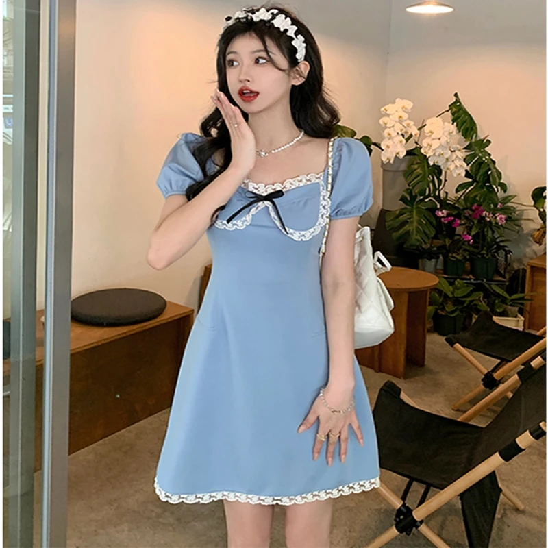 

2023 New Dress French Sweet Bow Wrapped Waist A-Line Slim Lace Fashion Versatile Free Shipping