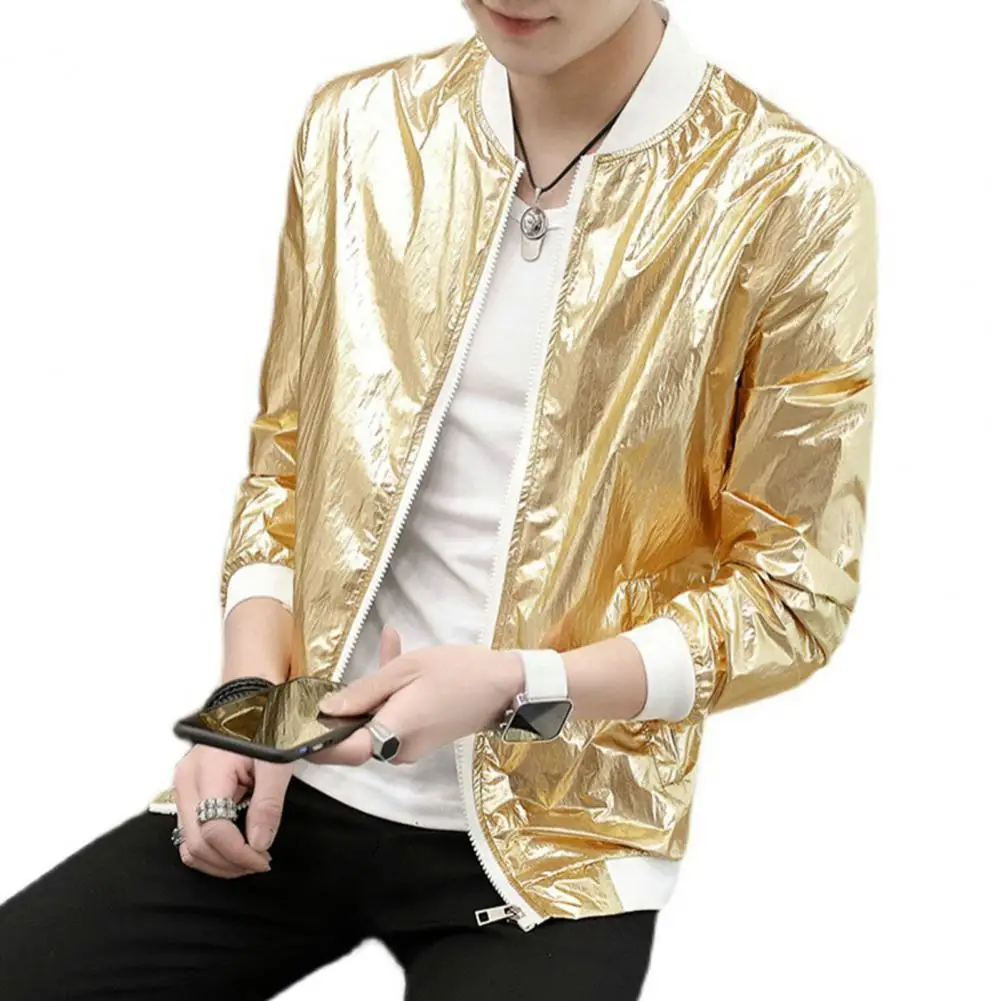 

Men Hip-hop Coat Glossy Solid Color Cardigan Jacket for Hip Hop Street Dance Nightclub Stage Male