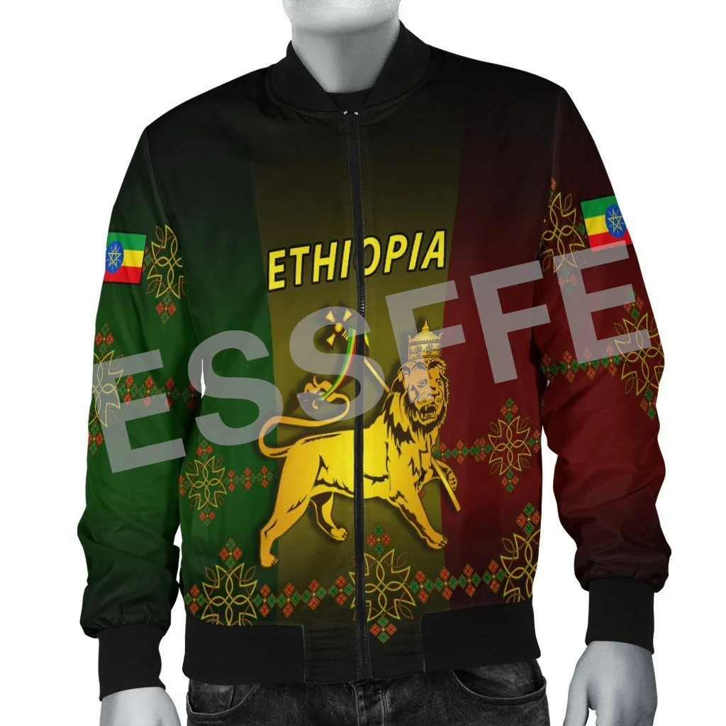 Ethiopia County Flag Kente Reggae Africa Tribe Lion Retro 3DPrint Unisex Harajuku Winter Coat Casual Windbreaker Bomber Jacket V