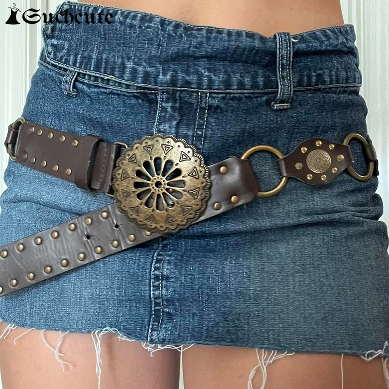 

Sunflower Buckle Boho Vintage Rivet Brown Belts for Women PU Leather Y2K Style Accessories Goth Streetwear Loop Belts