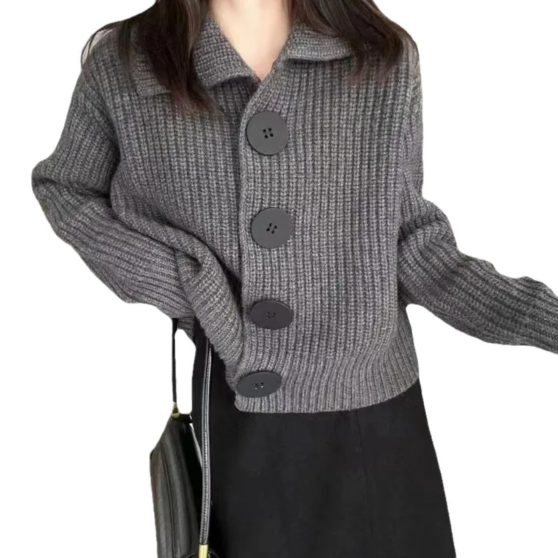 

2023 Autumn and Winter New Women's Cardigan Coat Women's Top Loose Korean Fashion Big Button Collar Knitted Sweater