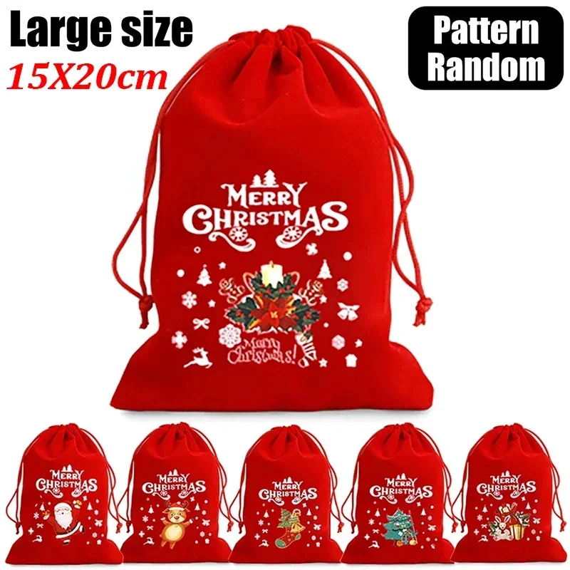 thumbnail image 1 of 20/1 piezas de bolsas de terciopelo rojo para Navidad, bolsa con cordón para envolver dulces de muñeco de nieve de Papá Noel, bolsa de almacenamiento para decoración de fiesta de Año Nuevo, 1 of 5