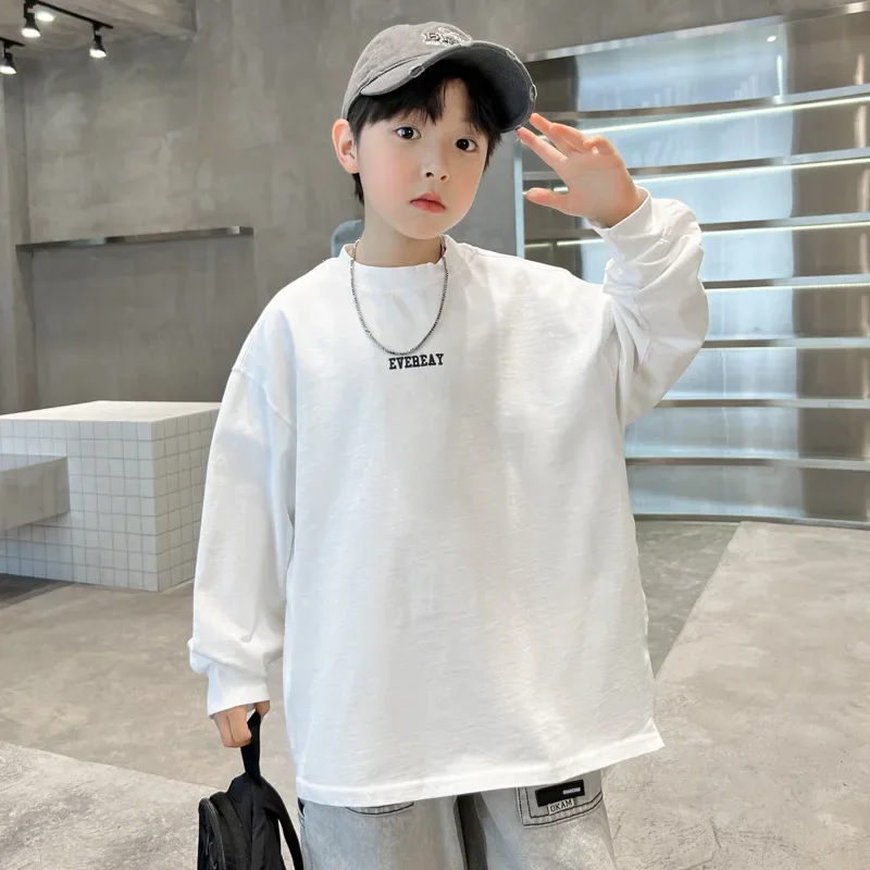 Boys' Casual Fashionable Long Sleeve Loose T-Shirt Overhead Trendy Solid Color Middle And Large Children's Clothing