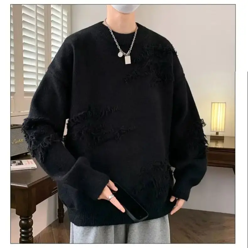 Fashion Solid Autumn Winter Loose Long Sleeve T-shirt Men Pullover Soft Solid Patchwork Irregular Pattern Sweater Warm