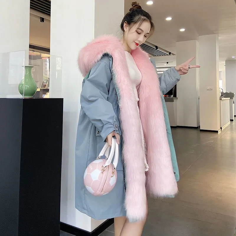 Fashion New Long Sleeve Hooded Women's Detachable Fox Fur Jackets 2023 Winter Commuter Style High-End Mid-Length Warm Fur Coats