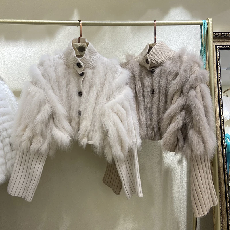 

Korean Style Chic Cropped Sweater Cardigan For Women Natural Fox Fur Knitted Outerwear Fall Winter Single Breasted Short Coat