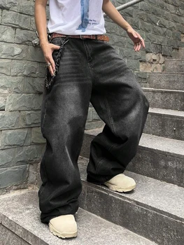 1Pc Men's Casual American Street Style Loose Jeans for Everyday Wear, Black, Light Blue, Sea Blue, Fashionable Street Style Retro Lantern Jeans, Denim Pants, Denim Trousers 1