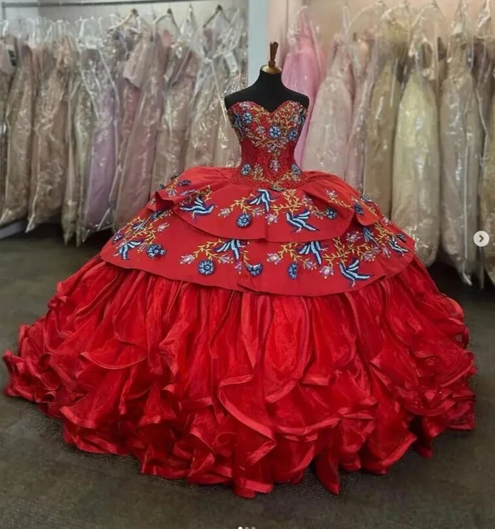 

Red Princess Quinceanera Dresses Ball Gown Sweetheart Organza Appliques Ruffled Sweet 16 Dresses 15 Años Mexican