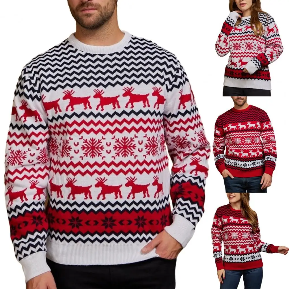 

Loose Fit Sweater Christmas Sweater Festive Holiday Sweater Vibrant Elk Snowflake Print Cozy Long Sleeve Round Neck for New