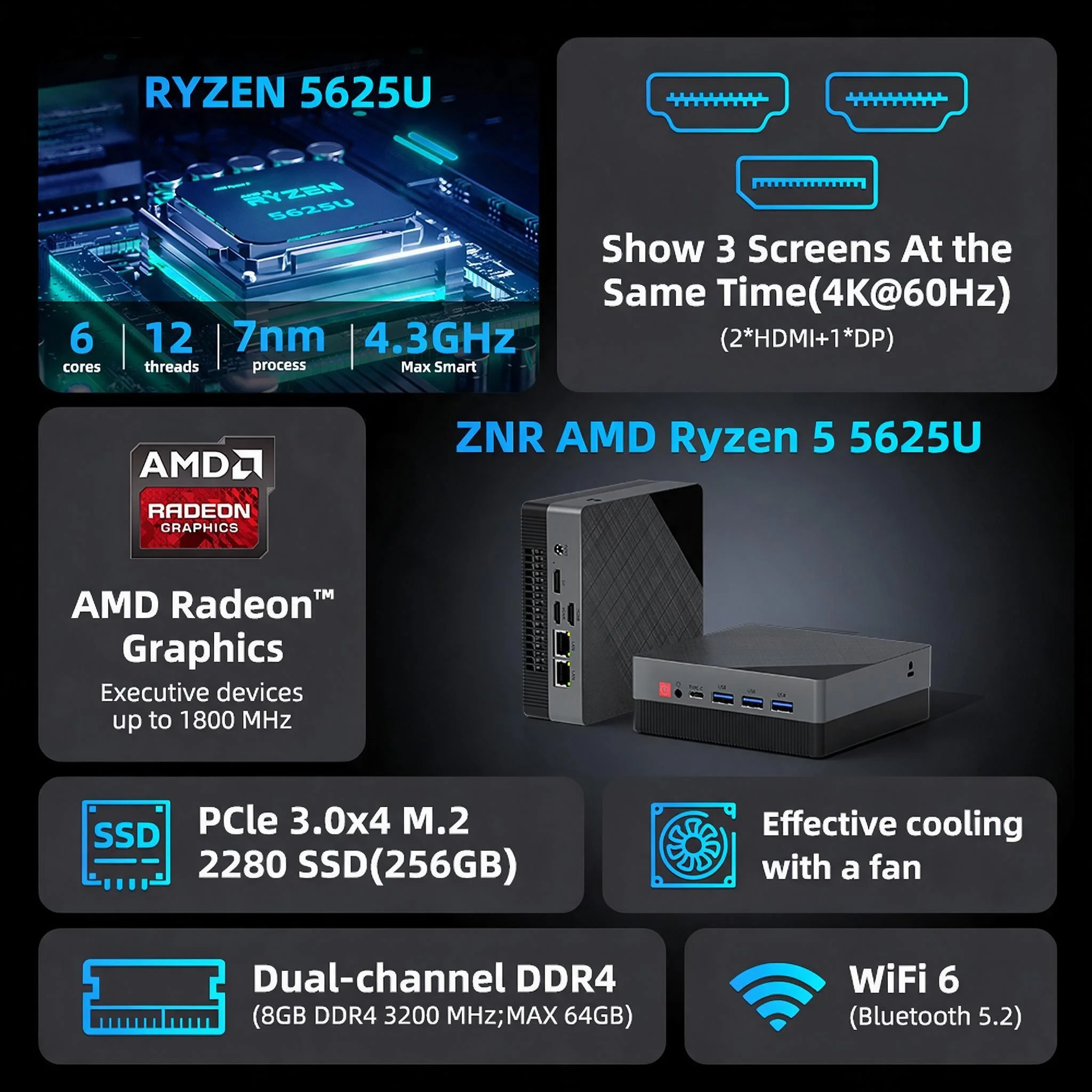 Texhoo MINI PC AMD Ryzen5 5625U 7530U R7-4800H DDR4 16G 2666MHz 512G SSD Pcle3.0 WIFI6 BT5.2 4.3GHz Desktop Computer Office PC