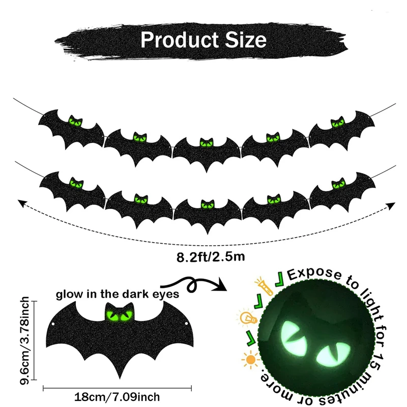Halloween Luminous Glowing Eyes Bat Paper Banner Hanging Garland Flag For Halloween Kids Birthday Party Home Decoration Props
