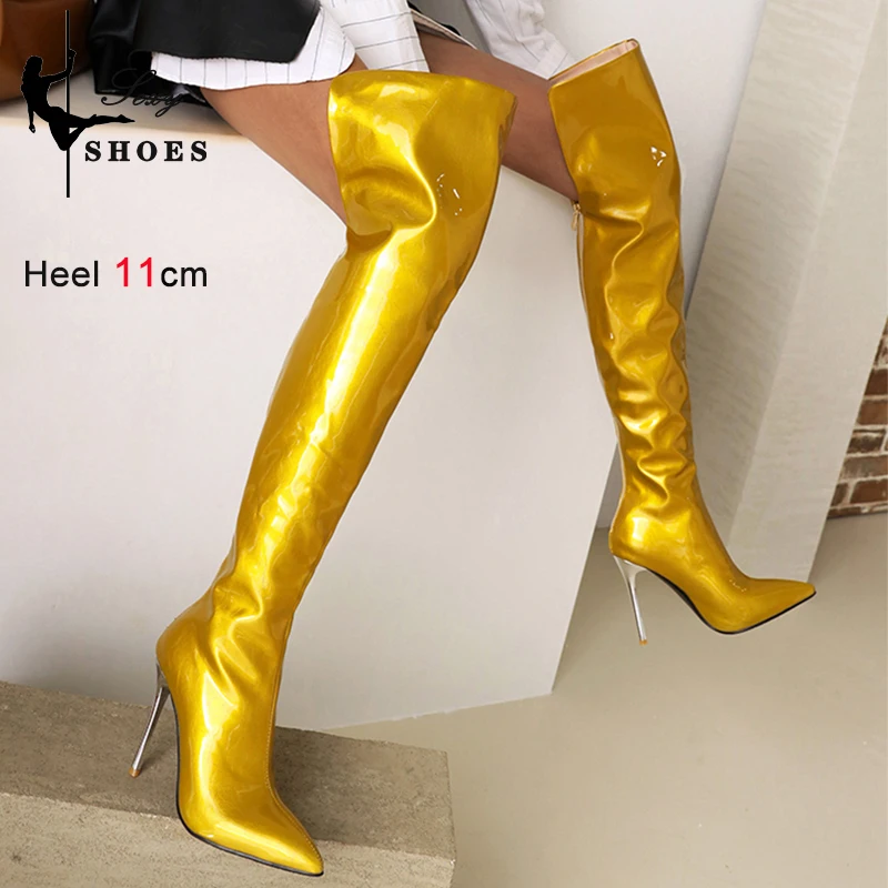 Long Boots for Women Dark Blue Pointed Toe Metal Stiletto Heel Patent Leather Over-the-Knee Female Shoes Large Size Short Plush