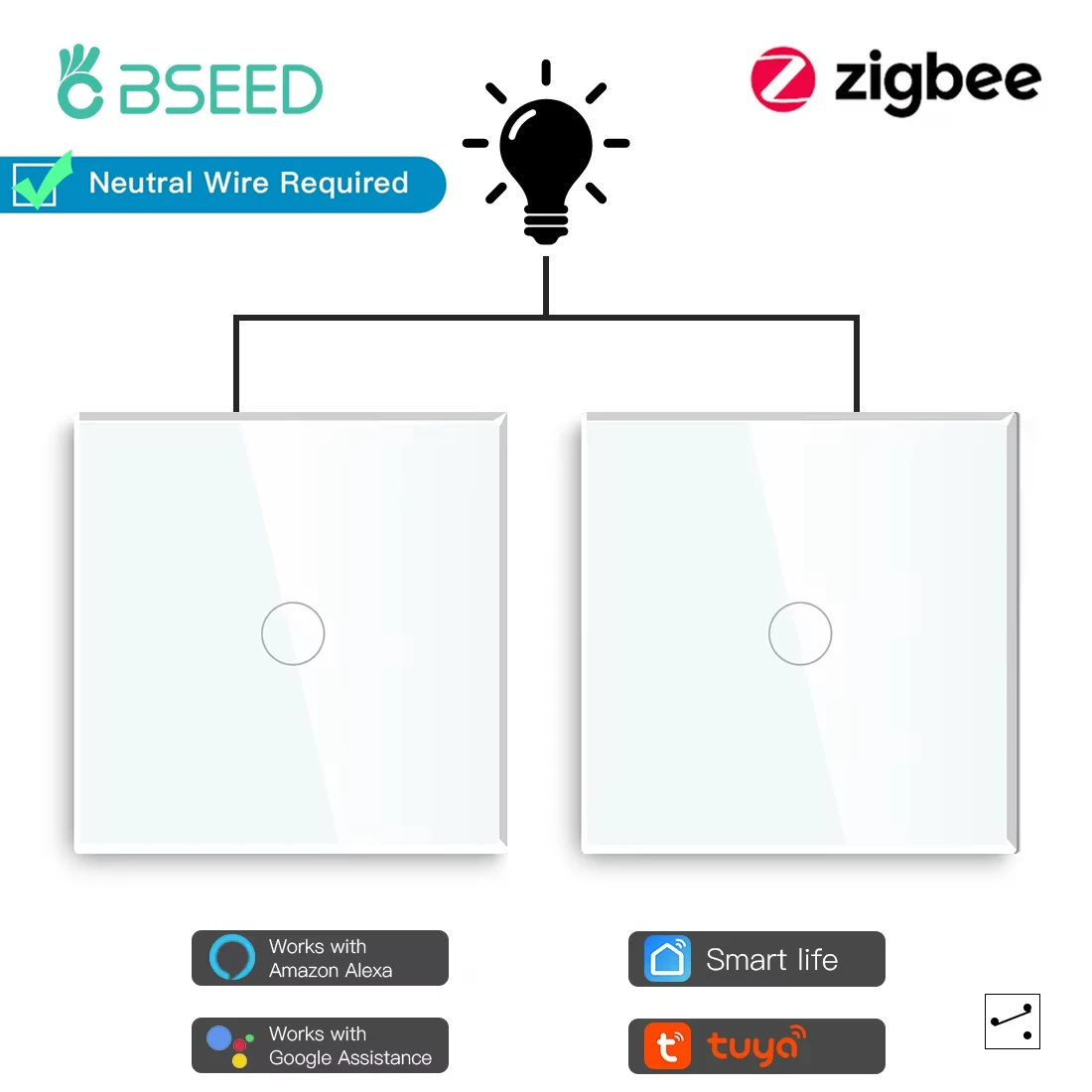 BSEED Zigbee Touch Switches 1Gang 2 Way บันไดสวิทช์ Tuya สมาร์ทสวิทช์กระจก Google Smart Life Alexa Voice Control 2 แพ็ค 1