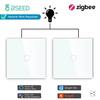 BSEED Zigbee Touch Switches 1Gang 2 Way Stair Switches Tuya Smart Glass Switches Google Smart Life Alexa Voice Control 2Pack