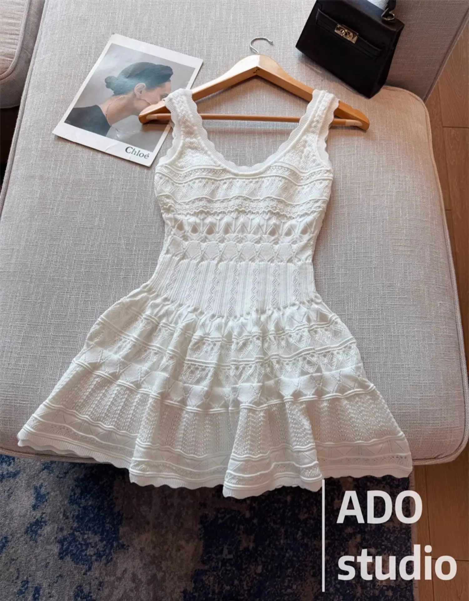 Korobov Solid Color Sweet A-line Dresses Ruffled Knitted Vest Dress for Women Summer French Style Hollow Short Skirt