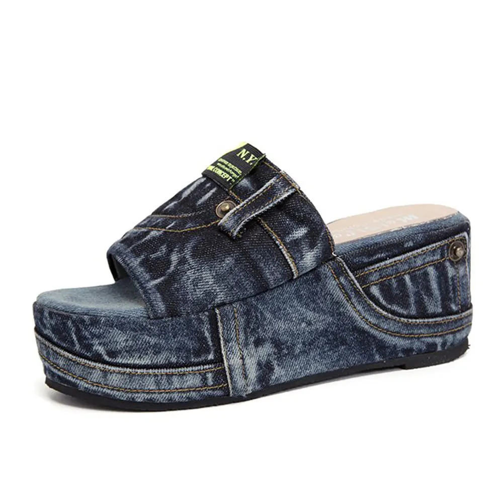 Women's Denim Platform Sandals Casual Wedges Heeled Summer Slides_voghion.com