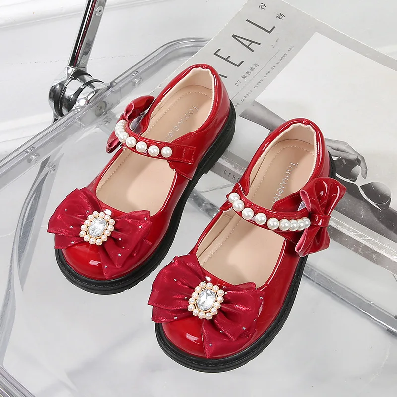 

Sweet Children Princess Shoes Side Bowknot Kids Glossy PU Leather Shoes Fashion Pearl Versatile Girl Party Dress Mary Jane Shoes