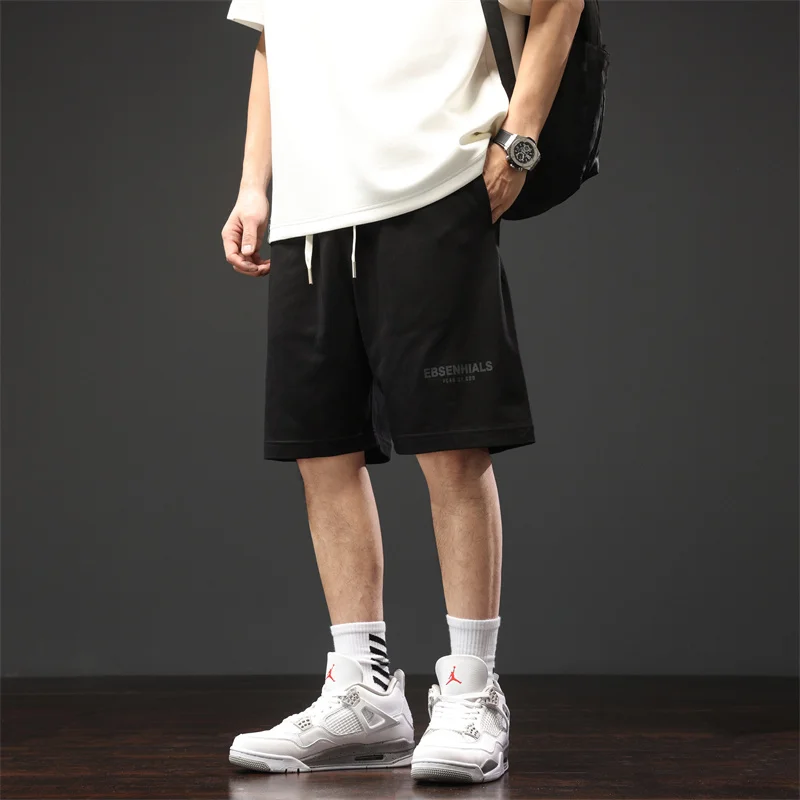 

Sports shorts men's summer knit loose straight leg trend all-in-one casual medium pants five letters