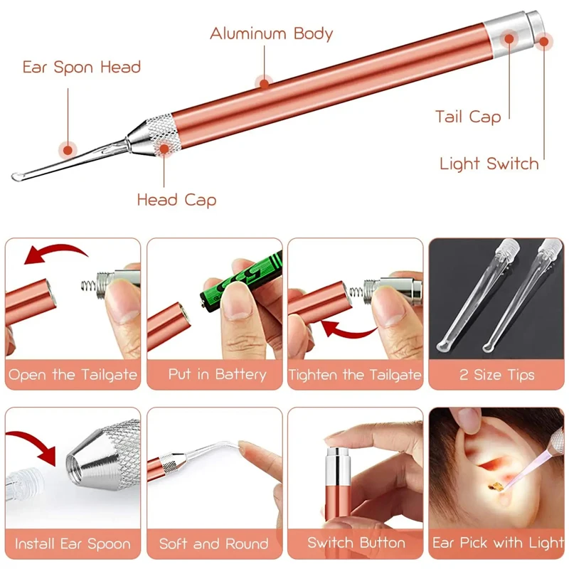 LED Penlight Torch Flashlight Otoscope Tool Earwax Removal Ear Wax Visual Spoon Earpick Cleaning Endoscope Light for Adult Baby 2