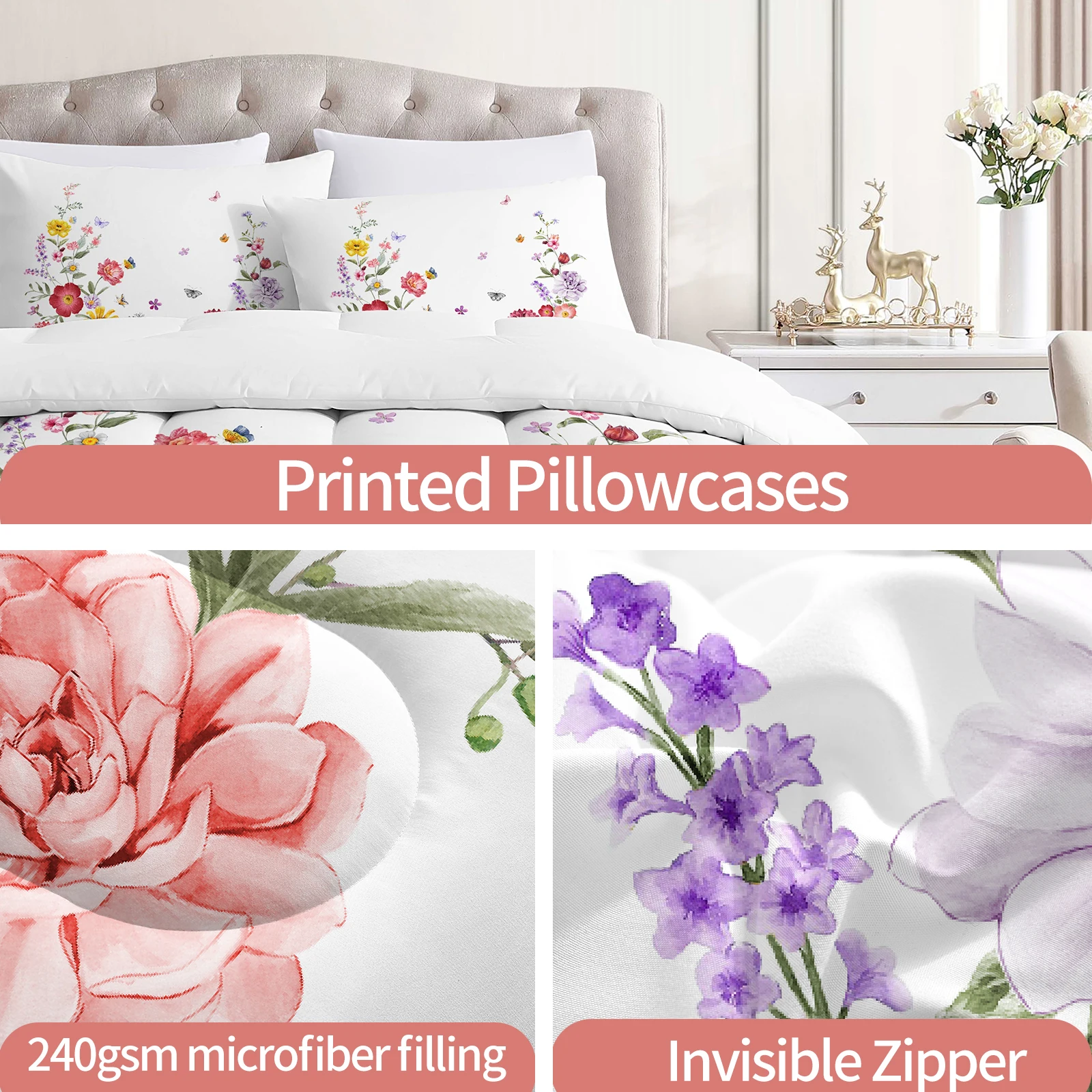 3pcs 100% Microfiber Colorful Flower Print All Season Bedding Set Skin-friendly Comforter For Bedroom Guest Room Decor