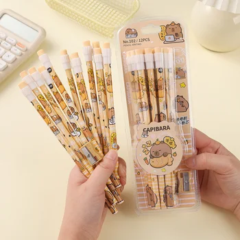 Capybara HB Pencils Set 12 Cute Cartoon Pencils & Sharpener Student Writing Drawing Sketching Stationery for School Office Gift 1