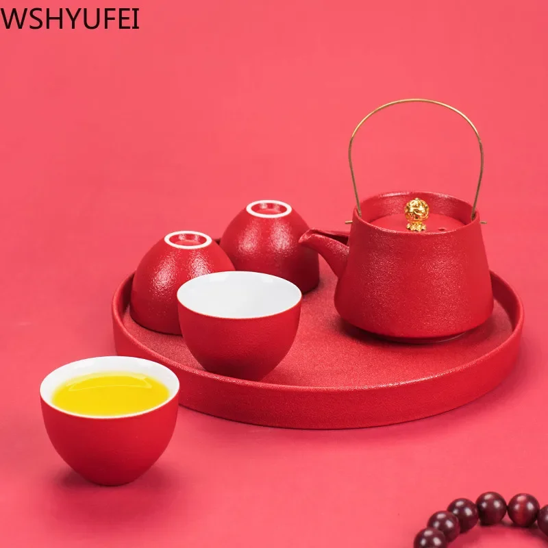 WSHYUFEI Red Teapot Ceramics tea set China wedding Tea Sets Tea Cups Pot Porcelain Wedding banquet Beautiful Kettle Gifts