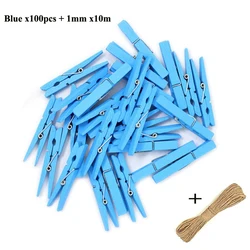 Mini Wood Clothespins with Hemp Rope for Crafts and Photo Displays, Pack of 50 (Blue)