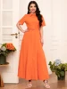 Elegant style Lapel Jacquard Solid color Embroidery Pocket Regular sleeve Long Dresses Orange Dresses 1