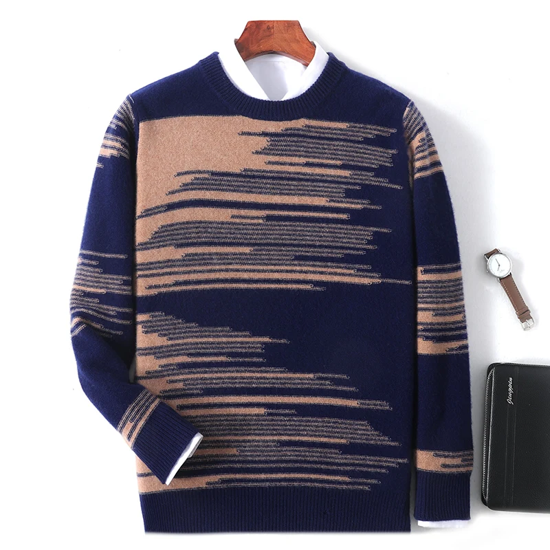 New Autumn Winter Thick Warm Cashmere Sweater Men's Round Neck Knitted Pullover 100% Merino Wool Contrasting Menswear 2